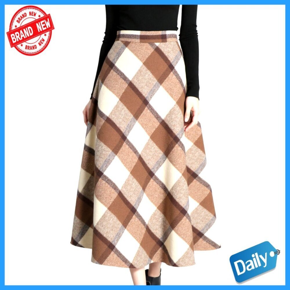 Wool Blend A-Line Midi Skirt High Elastic Waist Plaid Pattern